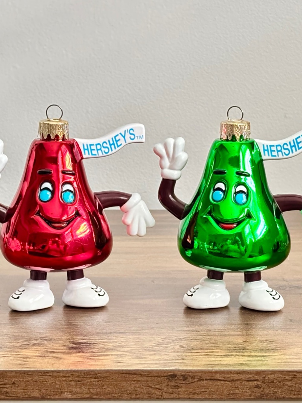 VINTAGE 1990's Set of 2 Hershey's Kisses Red & Green Metallic Waving Ornaments